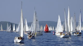 Split, 240911.
Na 80.Mrduja jubilarnoj regati izislo 242 plovila u borbu za veliki trofej. Na startu vjetar nije bio naklonjen jedrilicarima pa su mnogi satima plutali u bonaci.
Na slici: regata.
Foto: Jadran Babic / CROPIX