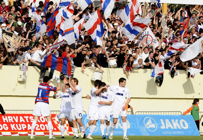 Sibenik ,050510.
Stadion Subicevac.
Druga utakmica finala Kupa RH NK Sibenik NK Hajduk (Split).
Na slici: igraci Hajduka nakon gola, 13 Vukusic dao je gol.
Foto: Niksa Stipanicev / CROPIX