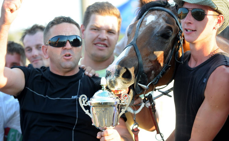 Zadar, 200811.
U Polaci na hipodromu Ravni kotari odrzane su 
14. medjunarodne galopske konjicke utrke. 
Na slici: kobila Nikolina pobijedila je u galpopskoj utrci Trialstaks Kup Ilirija 2011, na 1600 m. Kobila je u vlasnistvu Josipa Masle iz Brnaza kod S