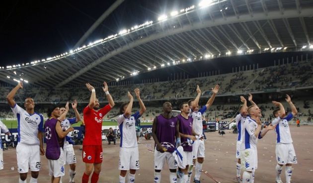 Team members of FC Copenhagen celebrate and wave to their supporters // Reuters