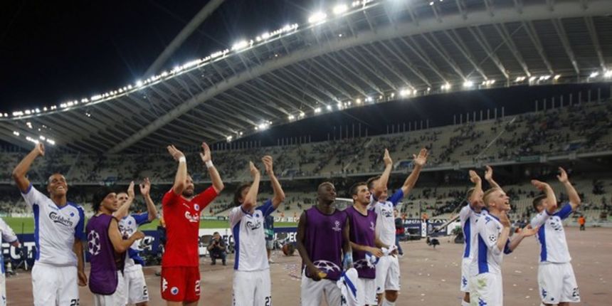 Team members of FC Copenhagen celebrate and wave to their supporters // Reuters