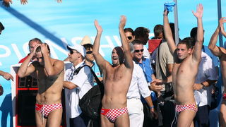 Rim, 010809. 
13 Svjetsko prvenstvo Rim 2009.?Vaterpolo utakmica za trece mjesto :  Hrvatska – Amerika
Na fotografiji hrvatski reprezentativci slave osvajanje broncane medalje.
Foto: Vladimir Dugandzic / CROPIX