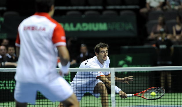 Split, 100710 . 
Drugi dan turnira Davis cup, susret izmedju Hrvatske i Srbije u Splitu u kojem se susrecu Mario Cilic i Ivan Dodig (Hrvatska) protiv Janka Tipsarevica i Nenada Zimonjica (Srbija).
Na slici: Marin Cilic.
Foto: Paun Paunovic / CROPIX