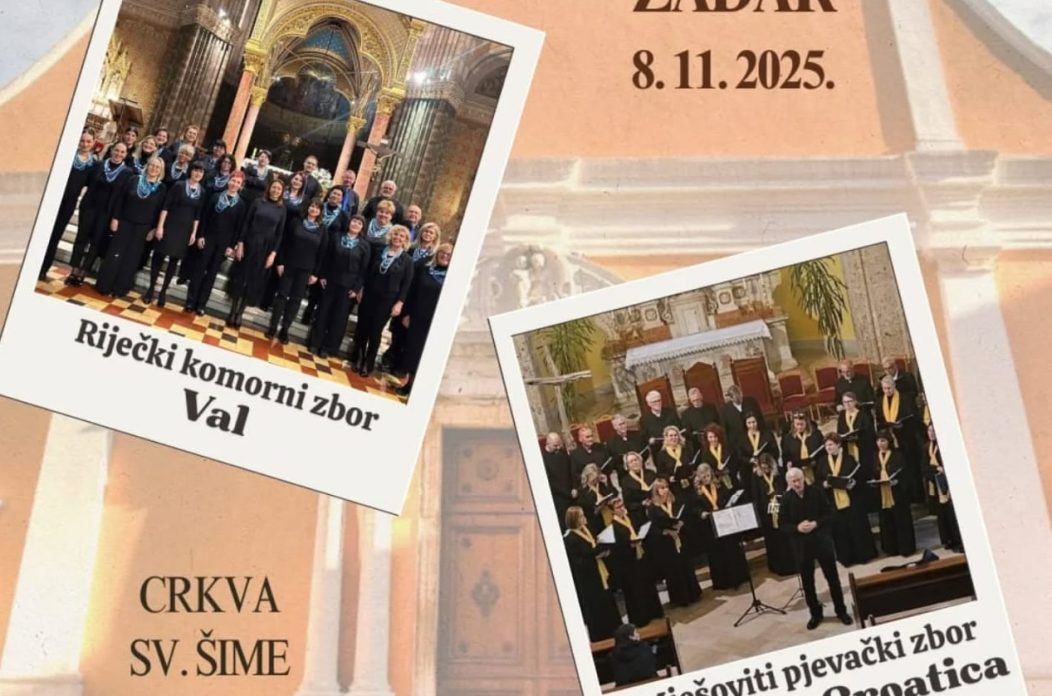 Koncert duhovne glazbe riječkog komornog zbora Val će se održati ovu subotu, 8. 11. 2025. s početkom u 19 i 30 h u crkvi sv. Šime. Gosti su Mješoviti pjevački zbor Condura Croatica Zadar.